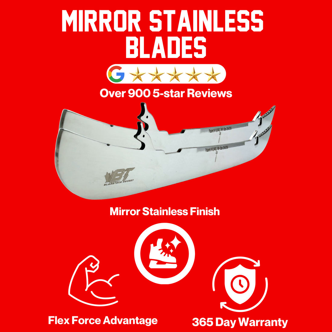 Bladetech Hockey Skate Blades - Mirror Stainless Steel - for all hockey skates